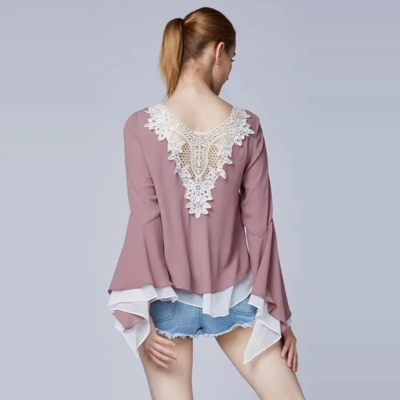 Crochet Lace Back Bell Sleeves Rose Chiffon Blouse - Picture 1 of 8